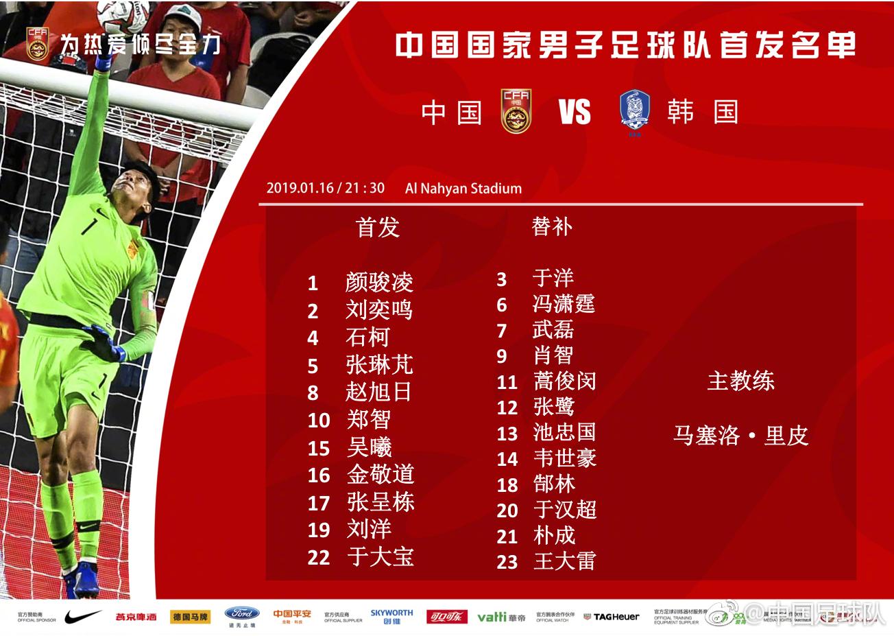#2019亚洲杯#中国国家男子足球队小组 - 今日