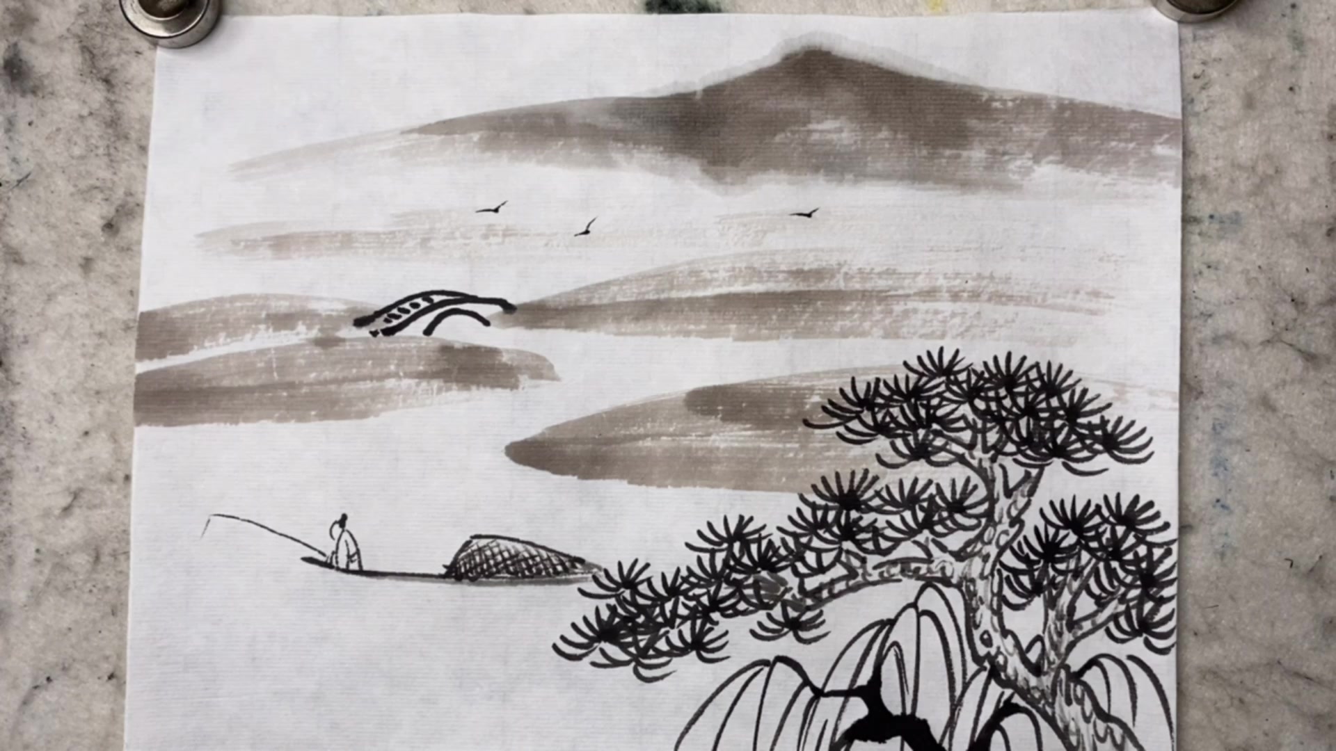 简单国画山水画教程松溪垂钓图