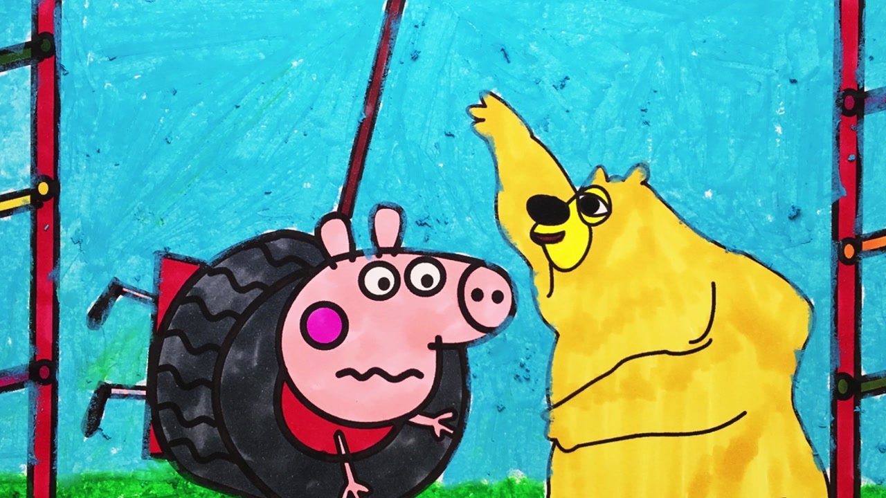 熊出没小猪佩奇荡秋千时卡住了熊二赶紧来帮忙简笔画